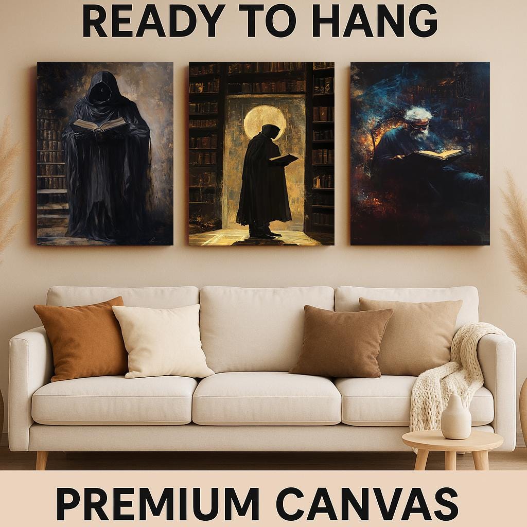Dark Academia Art Prints: Hooded Figure in Library, Gothic Room Decor