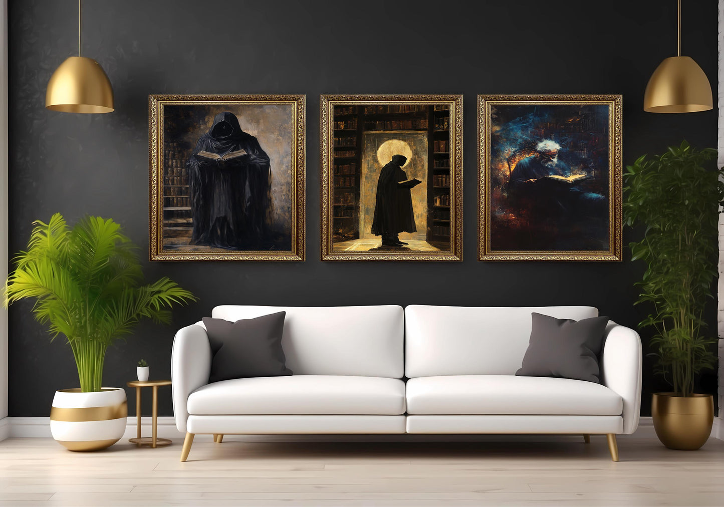 Dark Academia Art Prints: Hooded Figure in Library, Gothic Room Decor