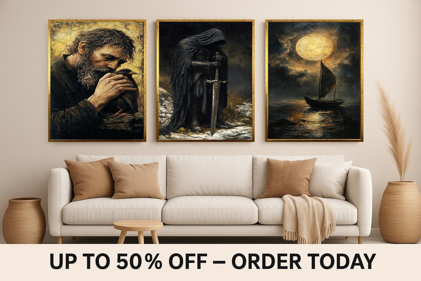 Dark Fantasy Knight Art Prints: Medieval Room Decor, Mythical Canvas Set