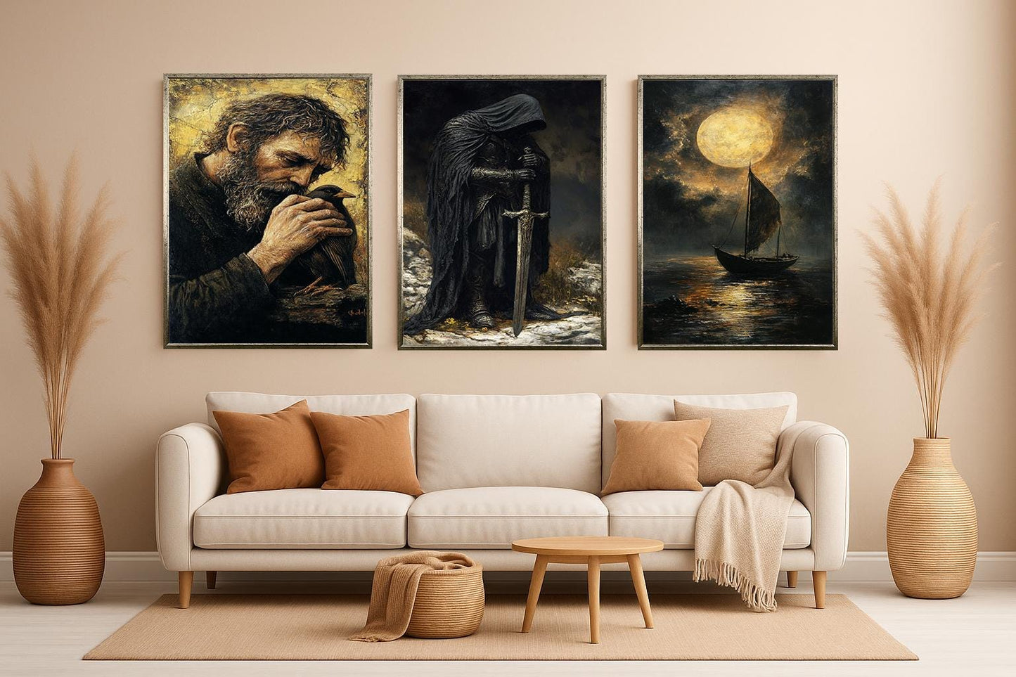 Dark Fantasy Knight Art Prints: Medieval Room Decor, Mythical Canvas Set
