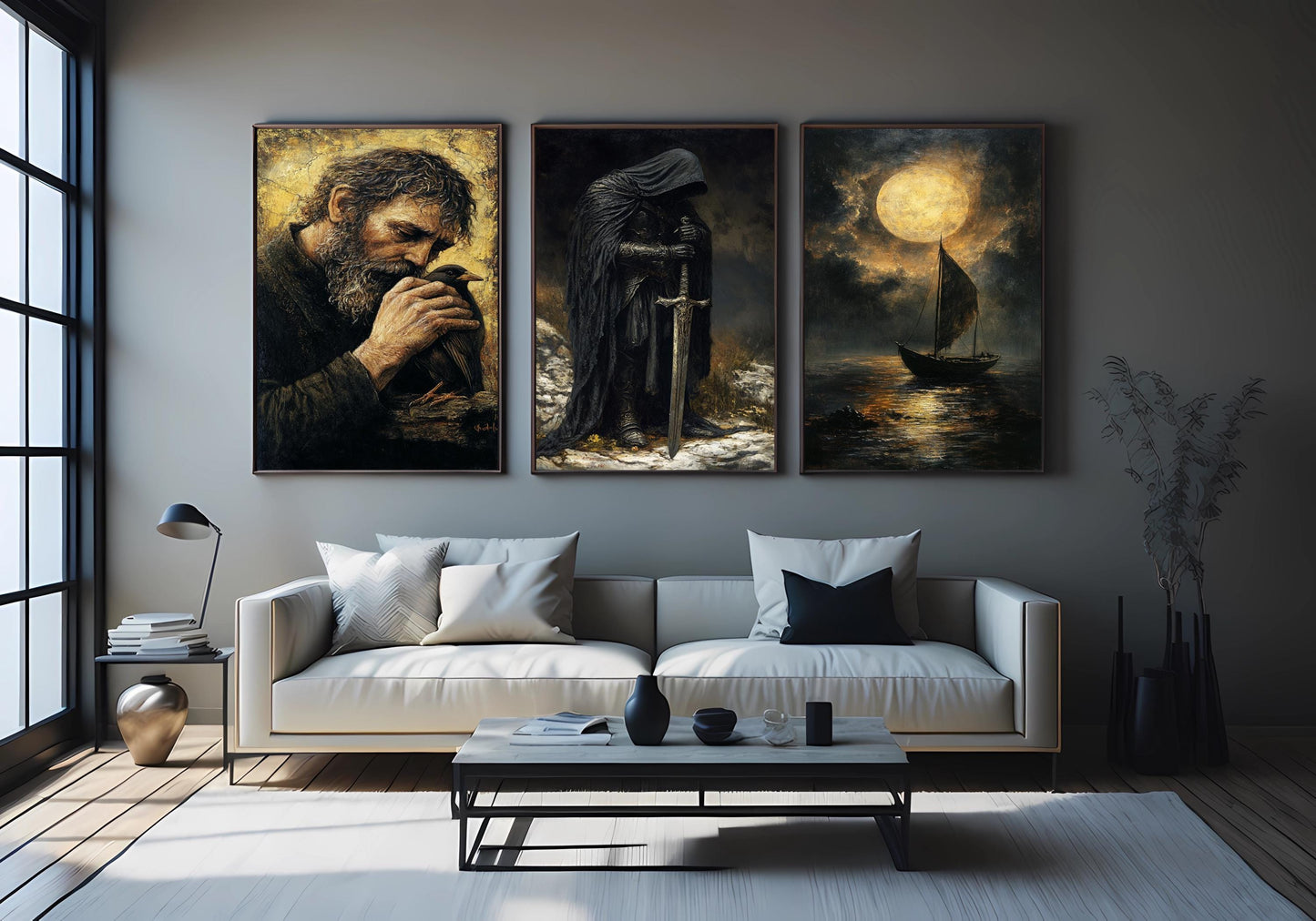 Dark Fantasy Knight Art Prints: Medieval Room Decor, Mythical Canvas Set