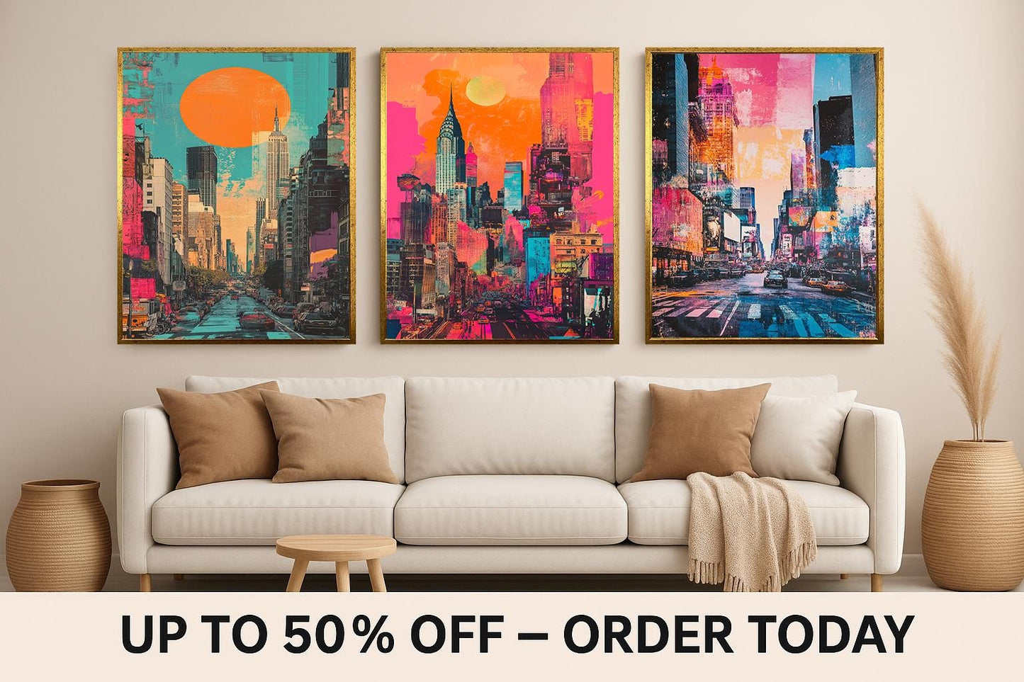 Neon New York City Pop Art Print Set: Modern Urban Skyline