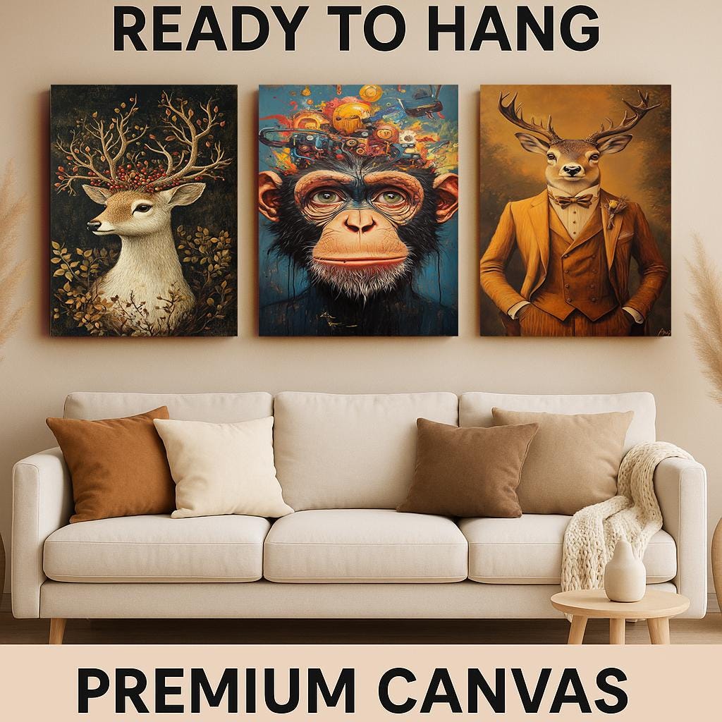 Surreal Animal Print Set: Chimpanzee Robot, Deer in Suit, Floral Stag