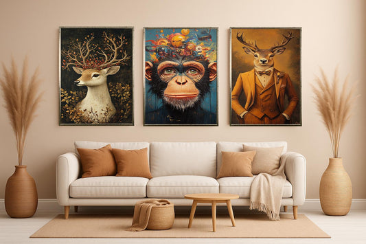 Surreal Animal Print Set: Chimpanzee Robot, Deer in Suit, Floral Stag