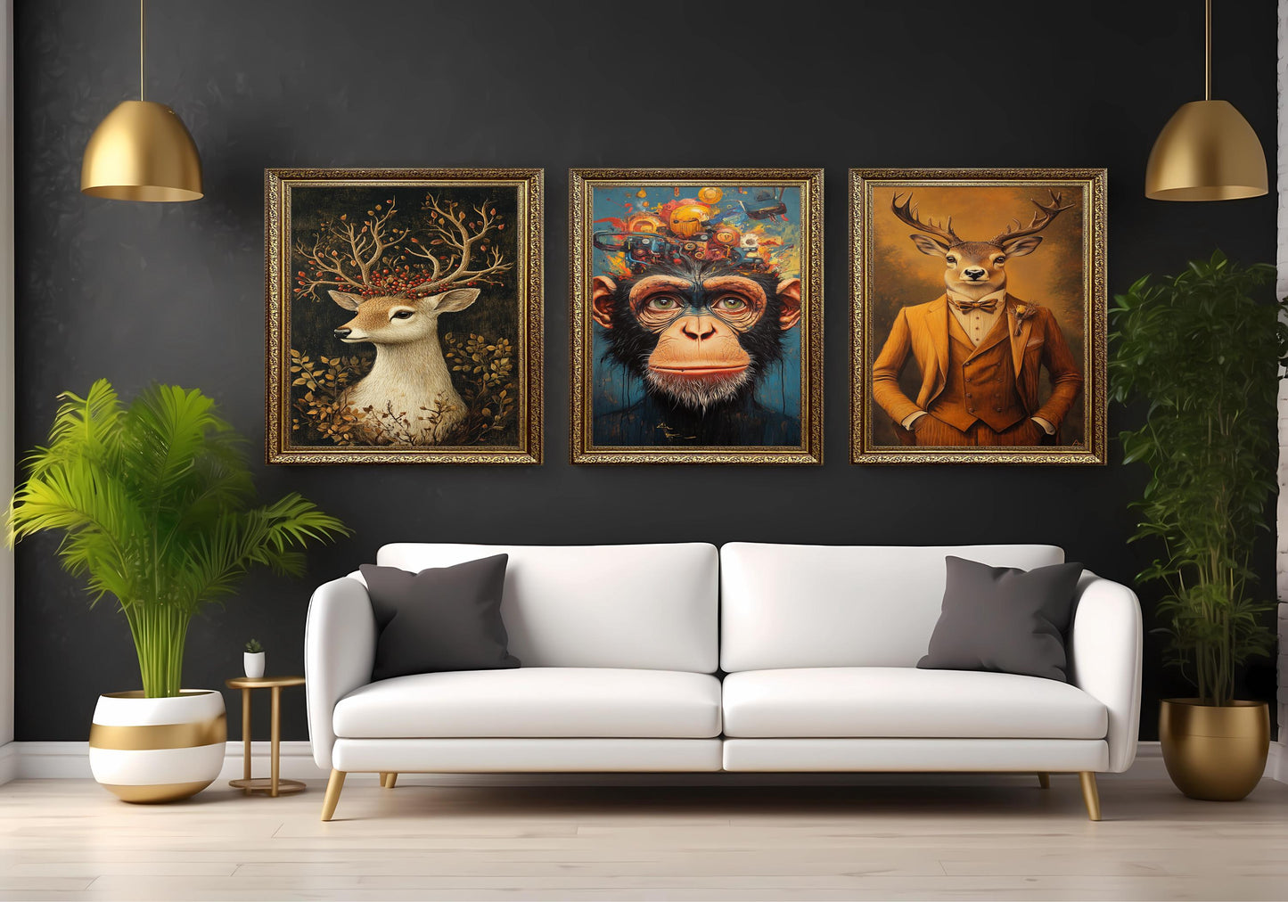Surreal Animal Print Set: Chimpanzee Robot, Deer in Suit, Floral Stag