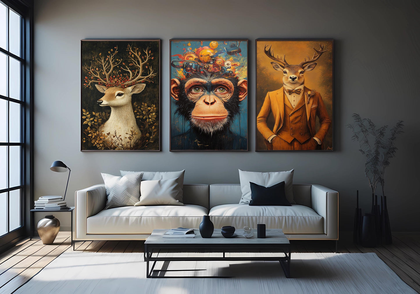 Surreal Animal Print Set: Chimpanzee Robot, Deer in Suit, Floral Stag