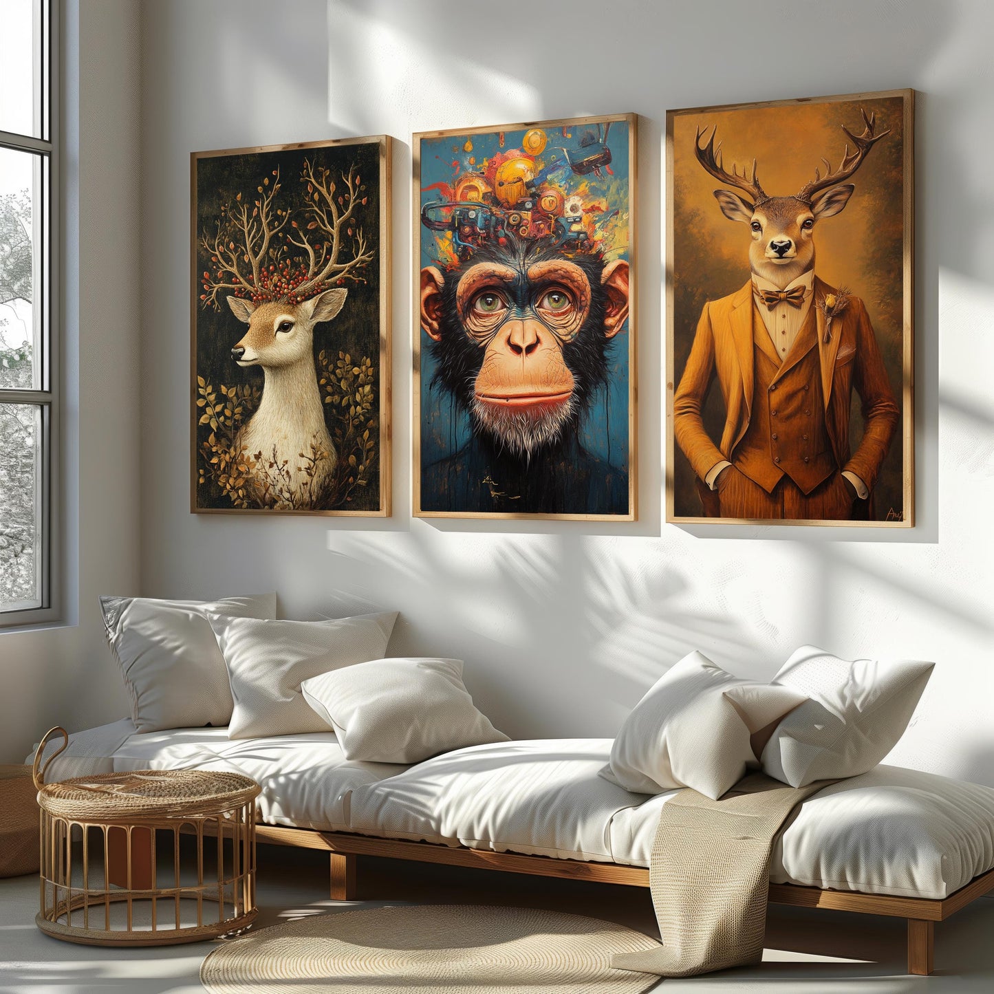 Surreal Animal Print Set: Chimpanzee Robot, Deer in Suit, Floral Stag
