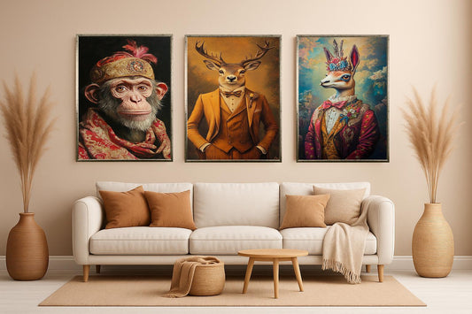 Elegant Animal Portrait Prints: Dressed Deer, Llama, Chimpanzee Wall Art