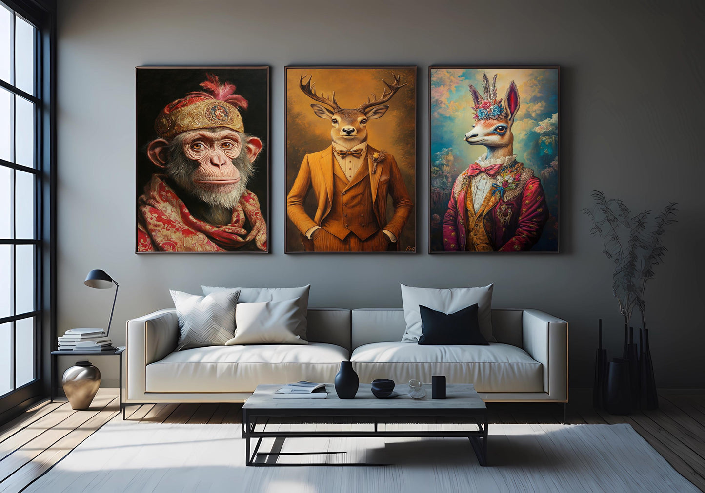 Elegant Animal Portrait Prints: Dressed Deer, Llama, Chimpanzee Wall Art
