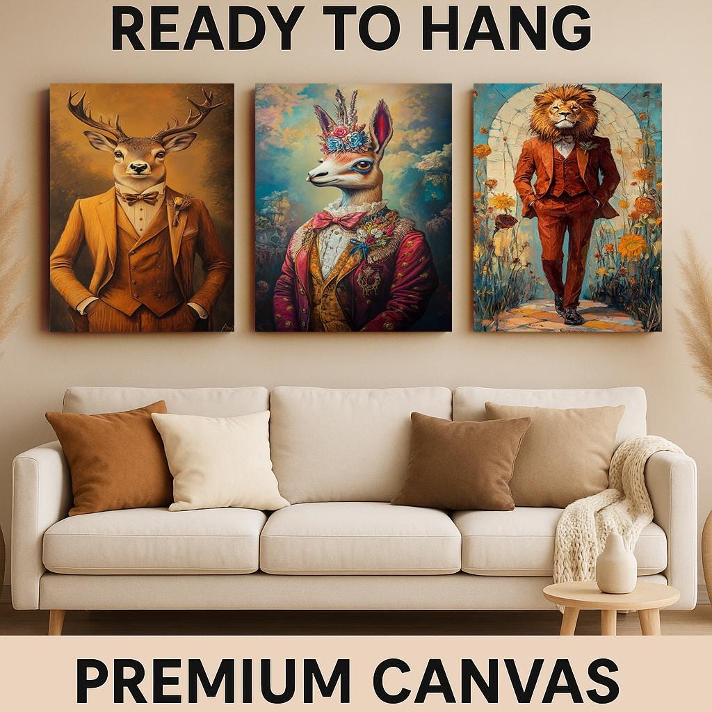 Dressed Animal Portrait Prints: Whimsical Llama, Lion, Deer Wall Art Set