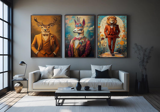 Dressed Animal Portrait Prints: Whimsical Llama, Lion, Deer Wall Art Set