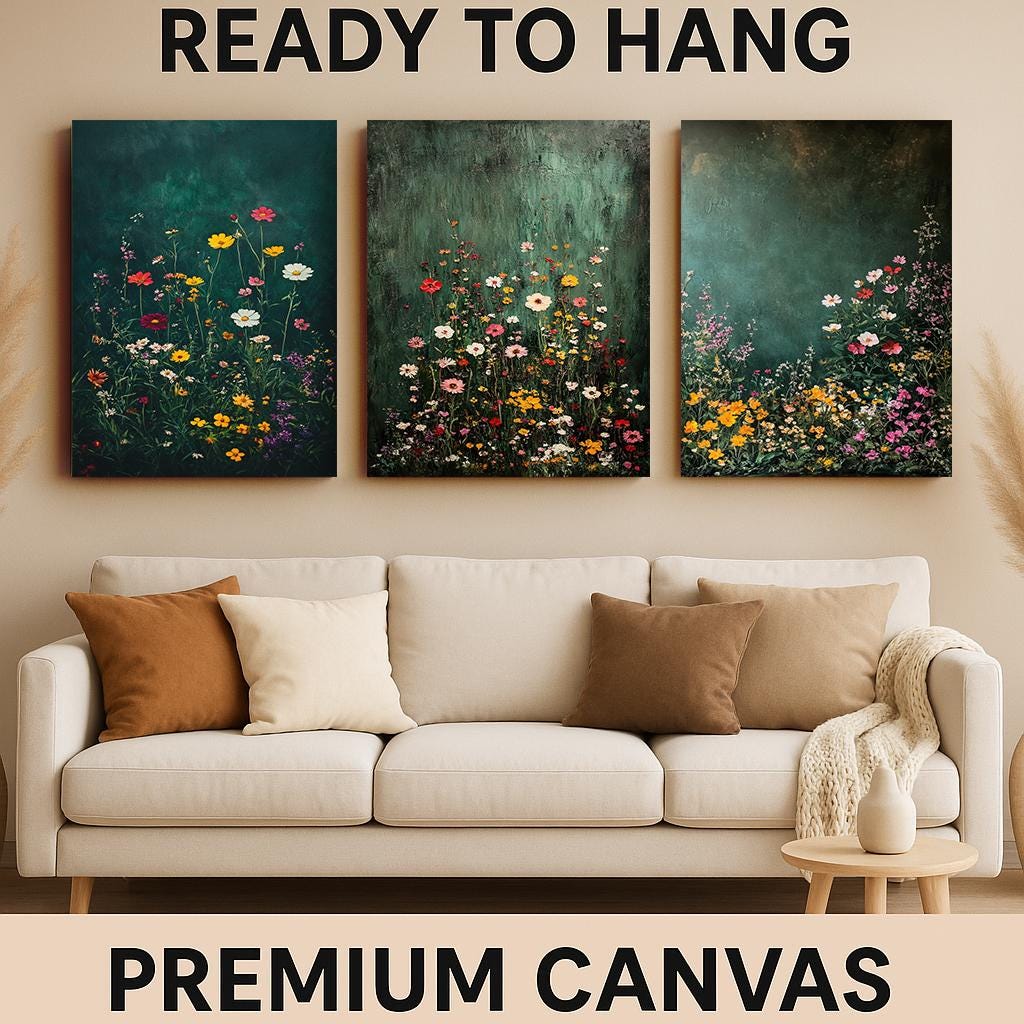 Wildflower Canvas Print Set: Botanical Garden Art, Green Textured Background
