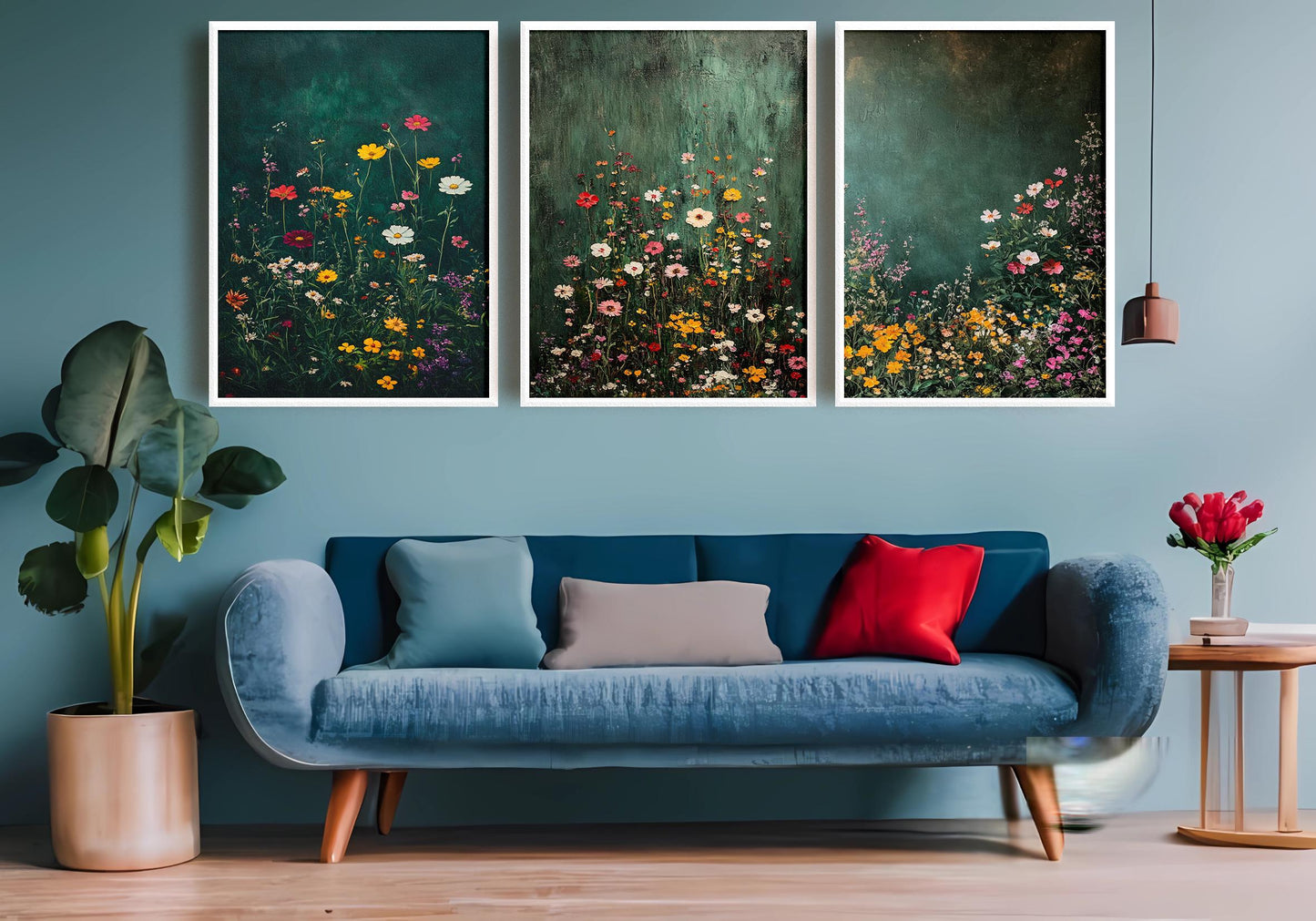 Wildflower Canvas Print Set: Botanical Garden Art, Green Textured Background