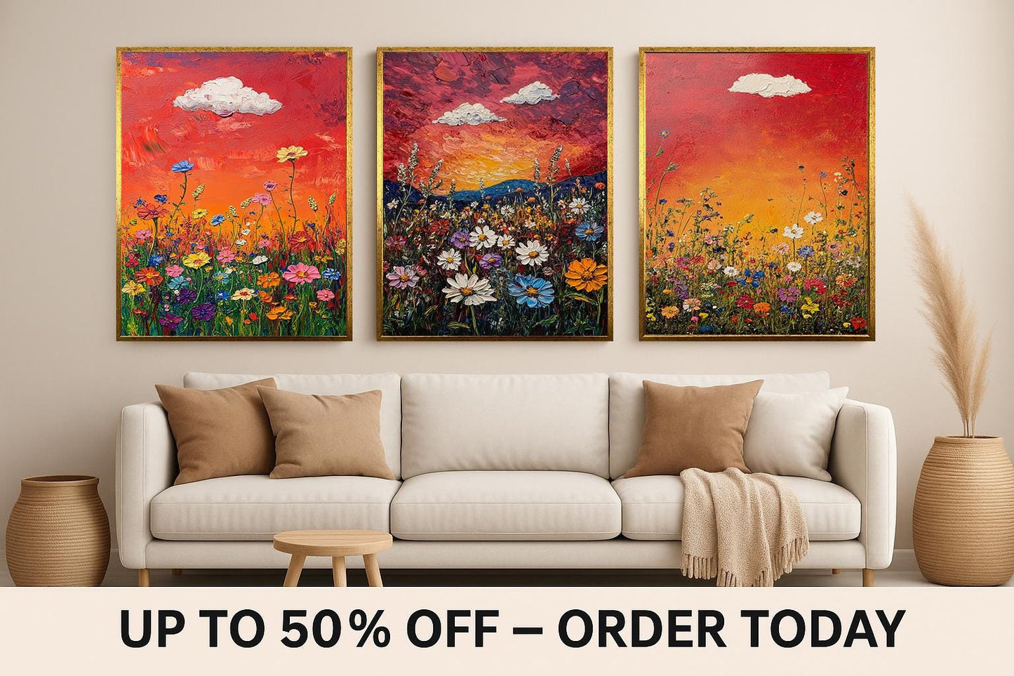 Sunset Wildflower Canvas Print Set: Textured Impressionist Floral Wall Art