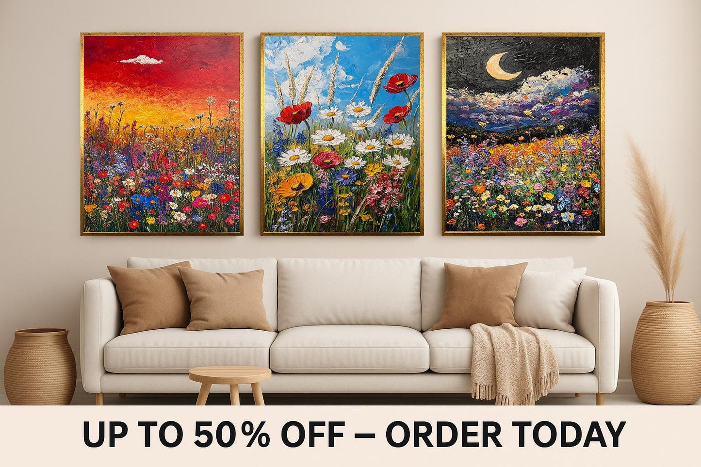 Wildflower Meadow Canvas Print Set: Textured Impasto Floral Art