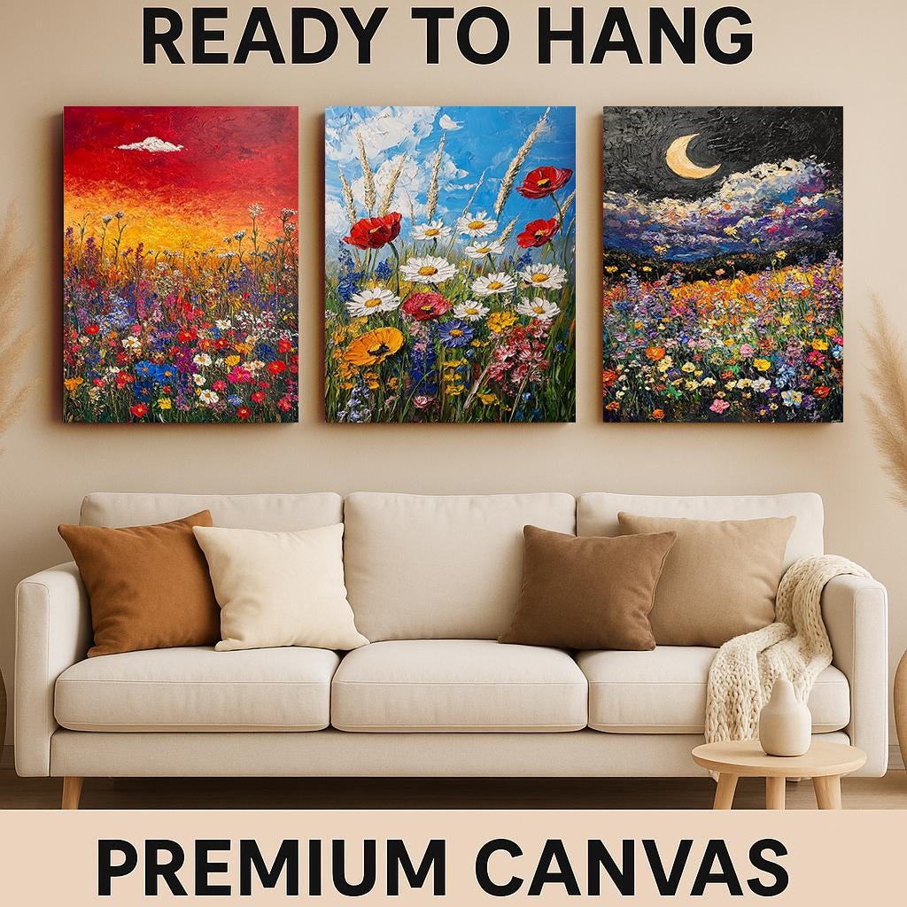 Wildflower Meadow Canvas Print Set: Textured Impasto Floral Art