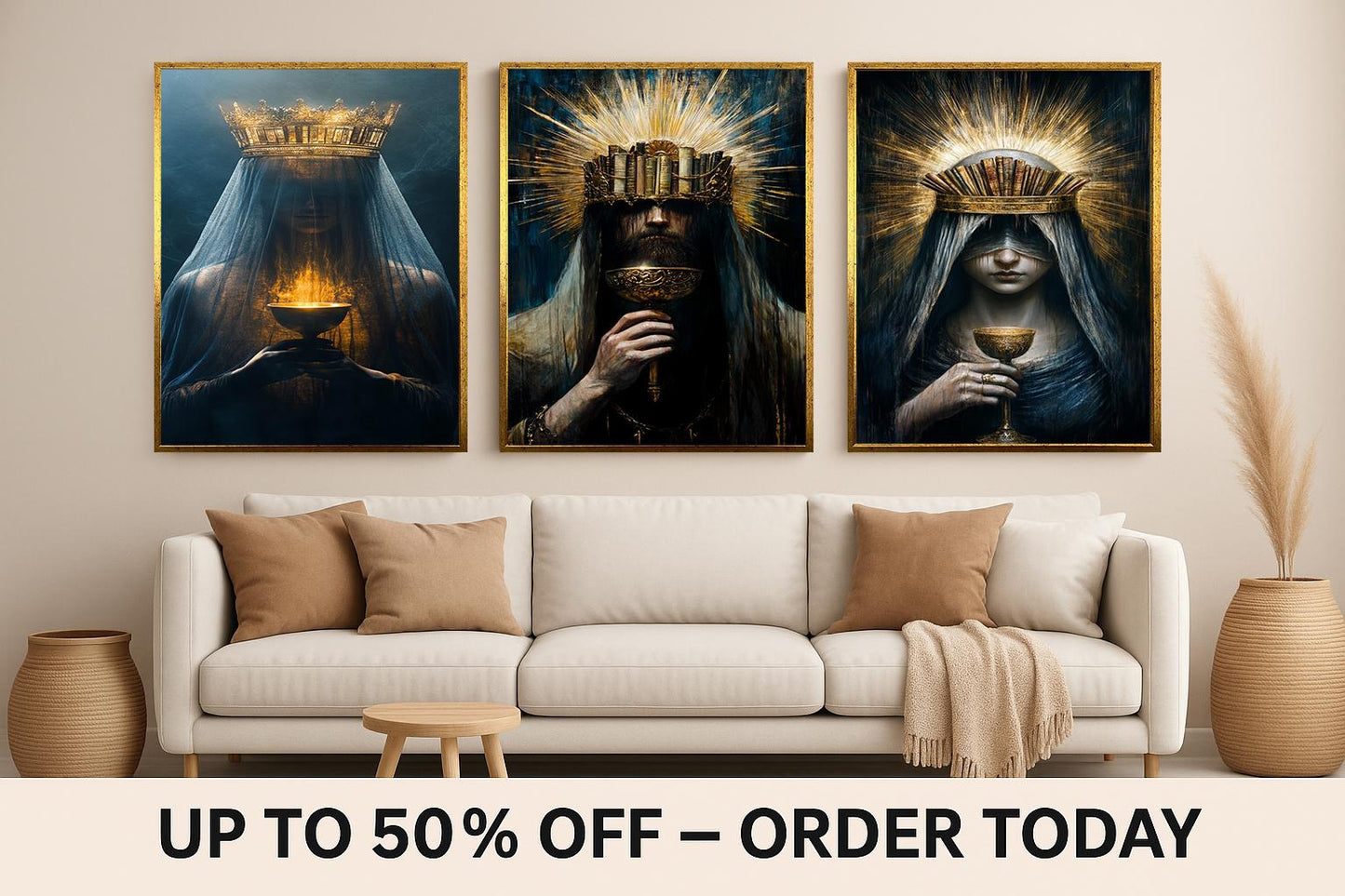 Gothic Book Crown Art: Surreal Queen with Chalice - Set of 3