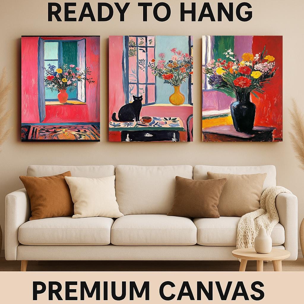Floral Still Life Canvas Print Set of 3: Cat & Vase Art