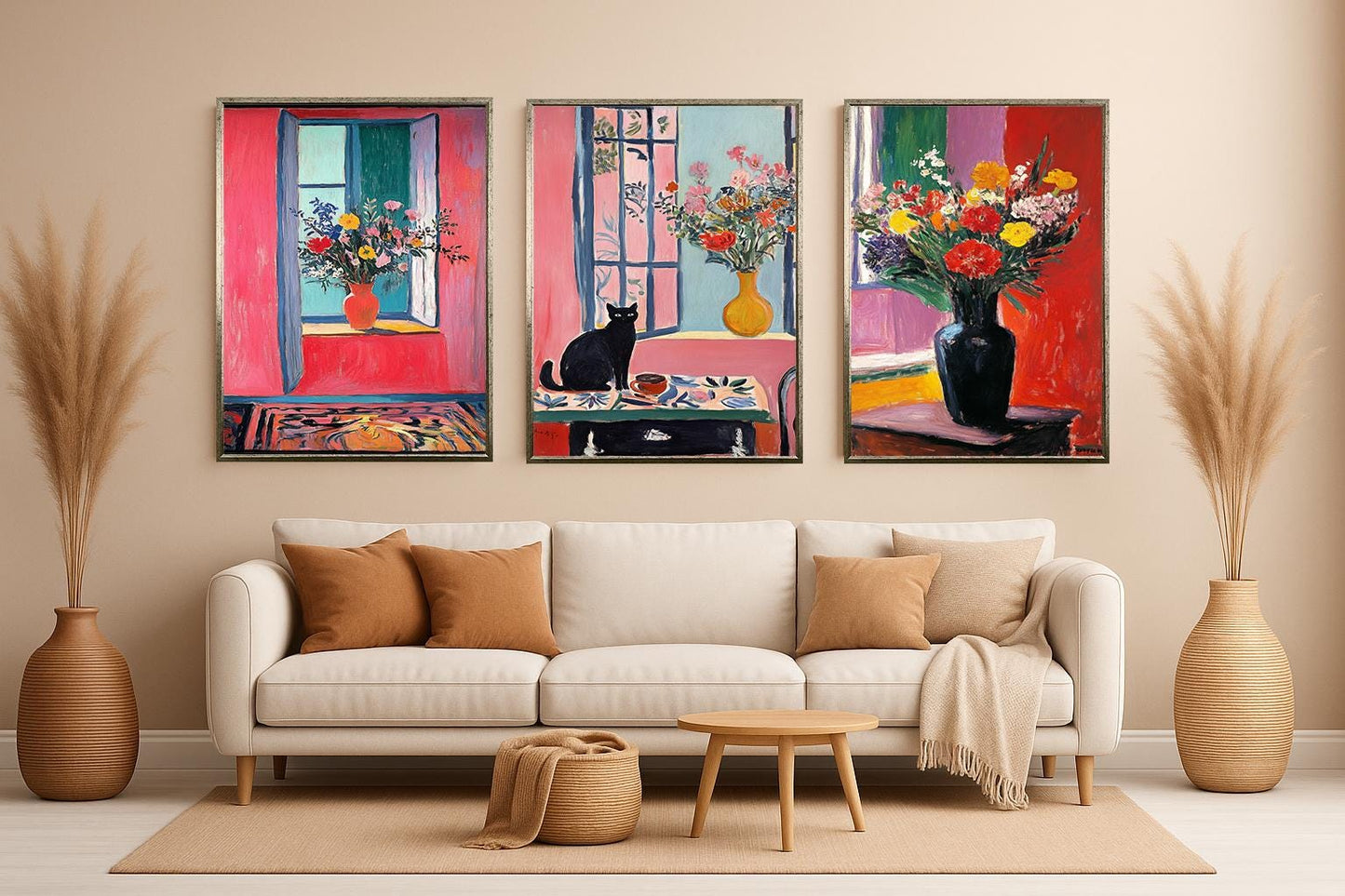 Floral Still Life Canvas Print Set of 3: Cat & Vase Art