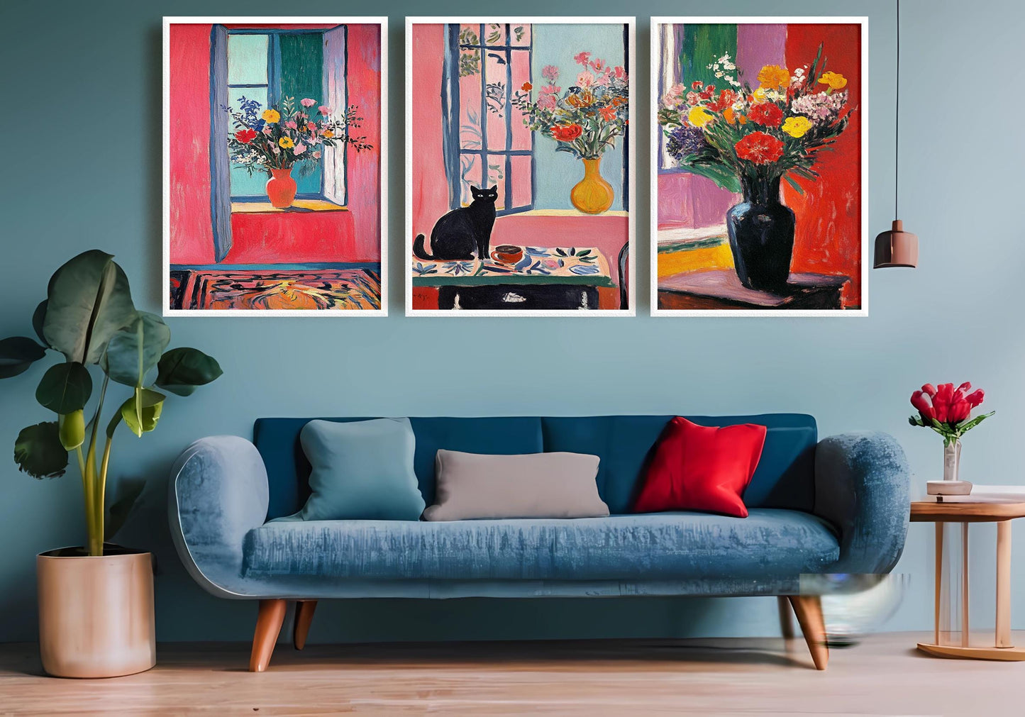 Floral Still Life Canvas Print Set of 3: Cat & Vase Art
