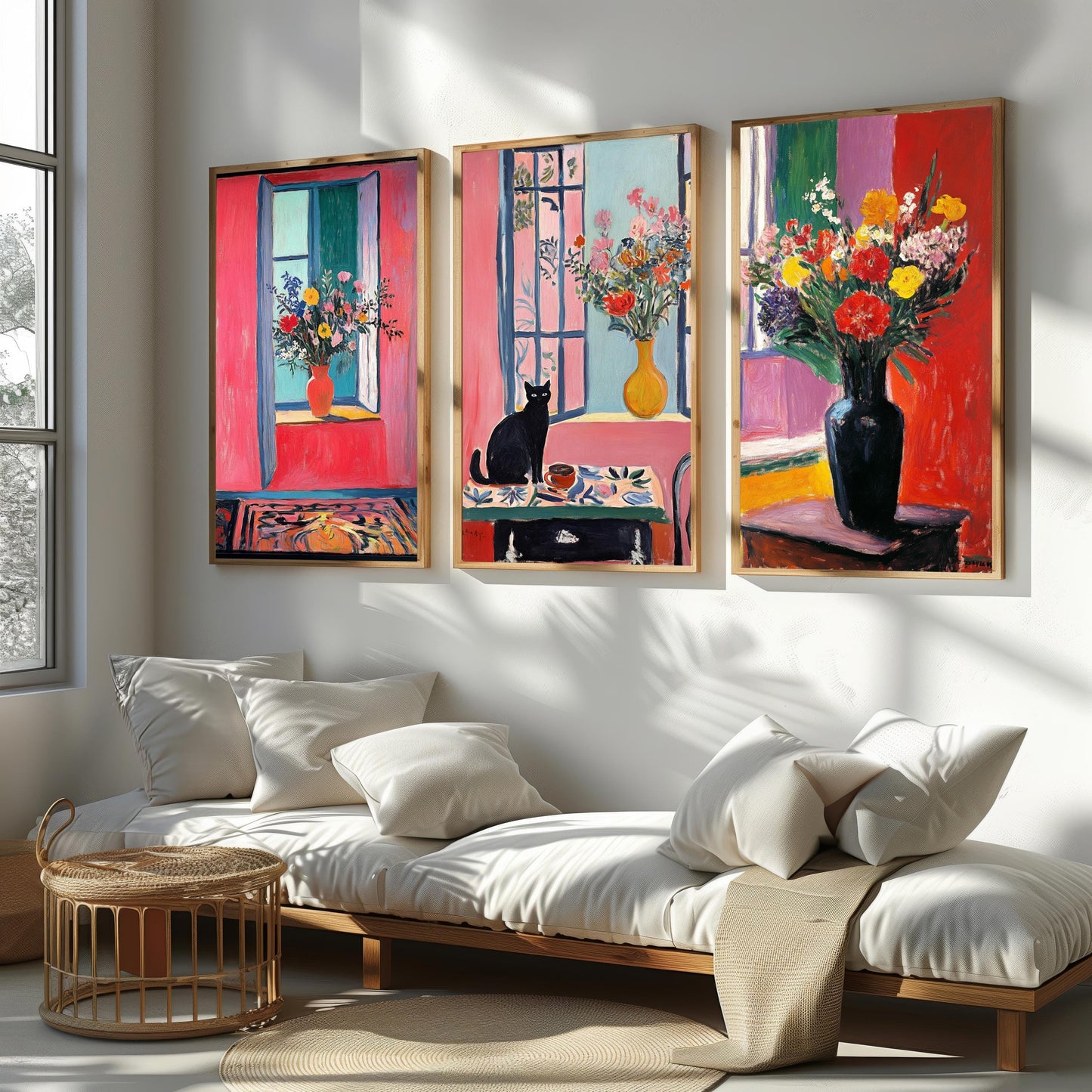 Floral Still Life Canvas Print Set of 3: Cat & Vase Art