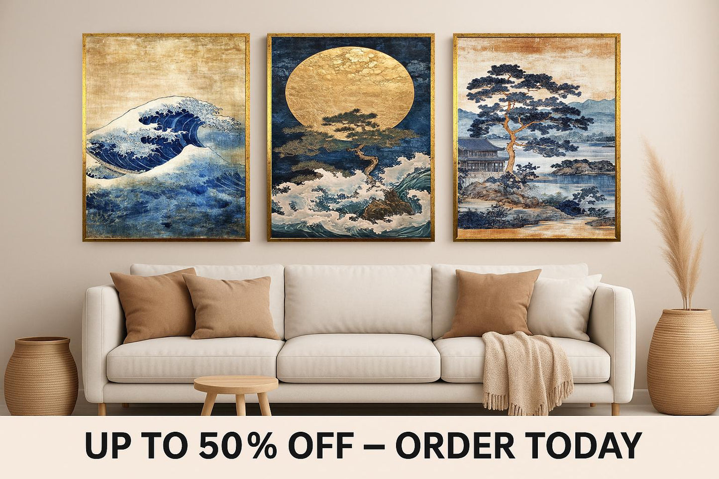 Japanese Wave Art Set: Blue Gold Landscape Paintings, Pine Tree Prints