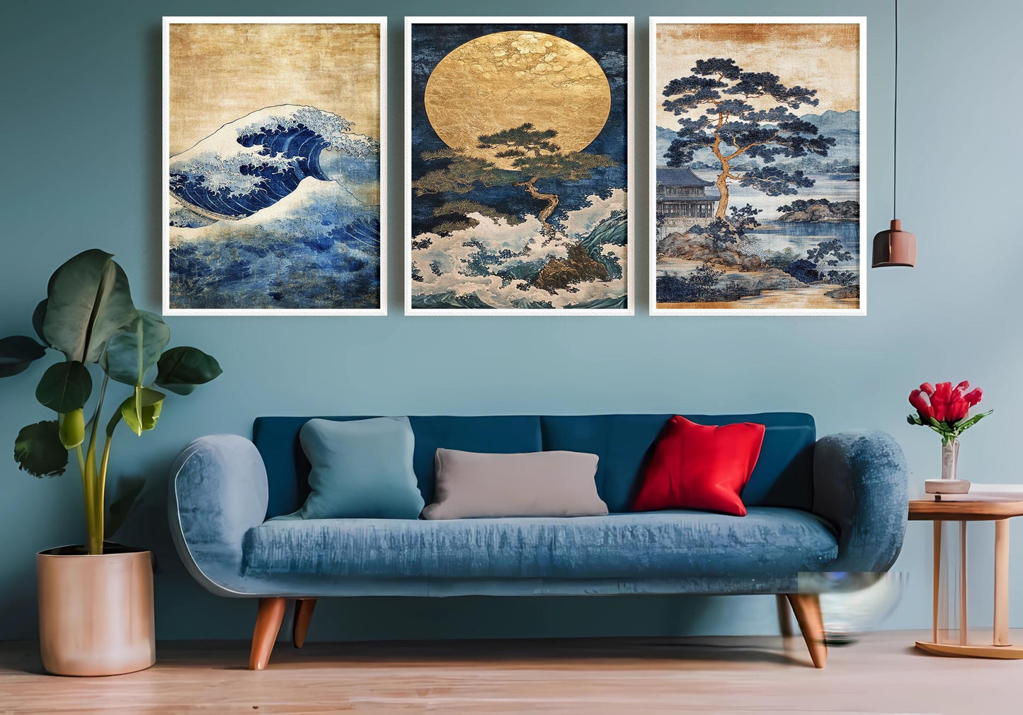 Japanese Wave Art Set: Blue Gold Landscape Paintings, Pine Tree Prints