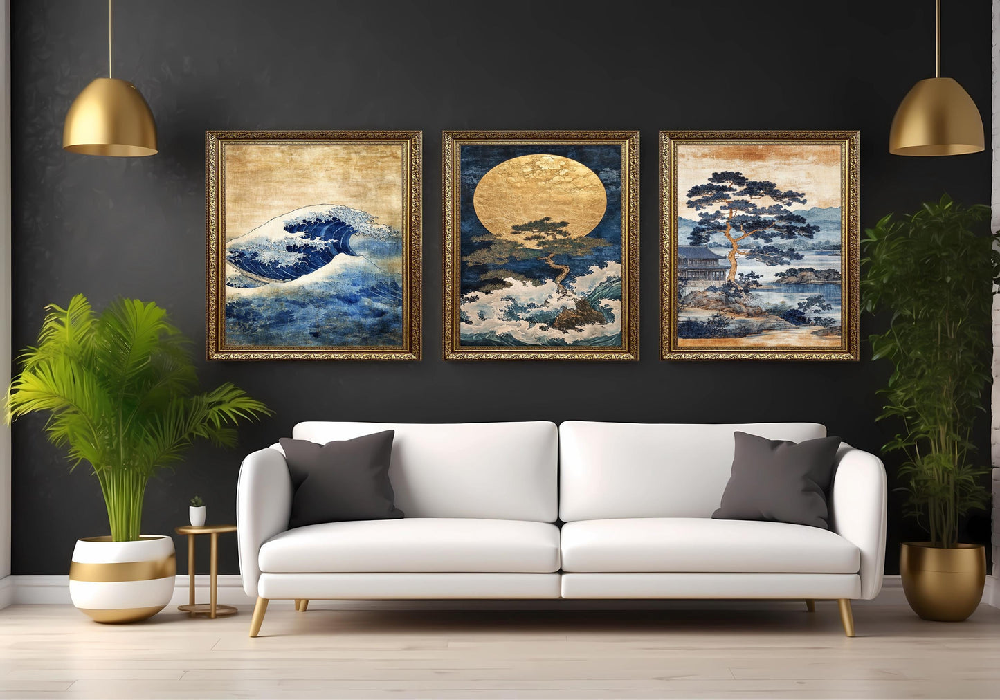 Japanese Wave Art Set: Blue Gold Landscape Paintings, Pine Tree Prints