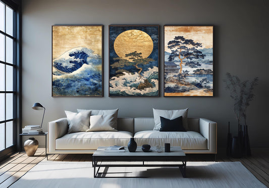 Japanese Wave Art Set: Blue Gold Landscape Paintings, Pine Tree Prints