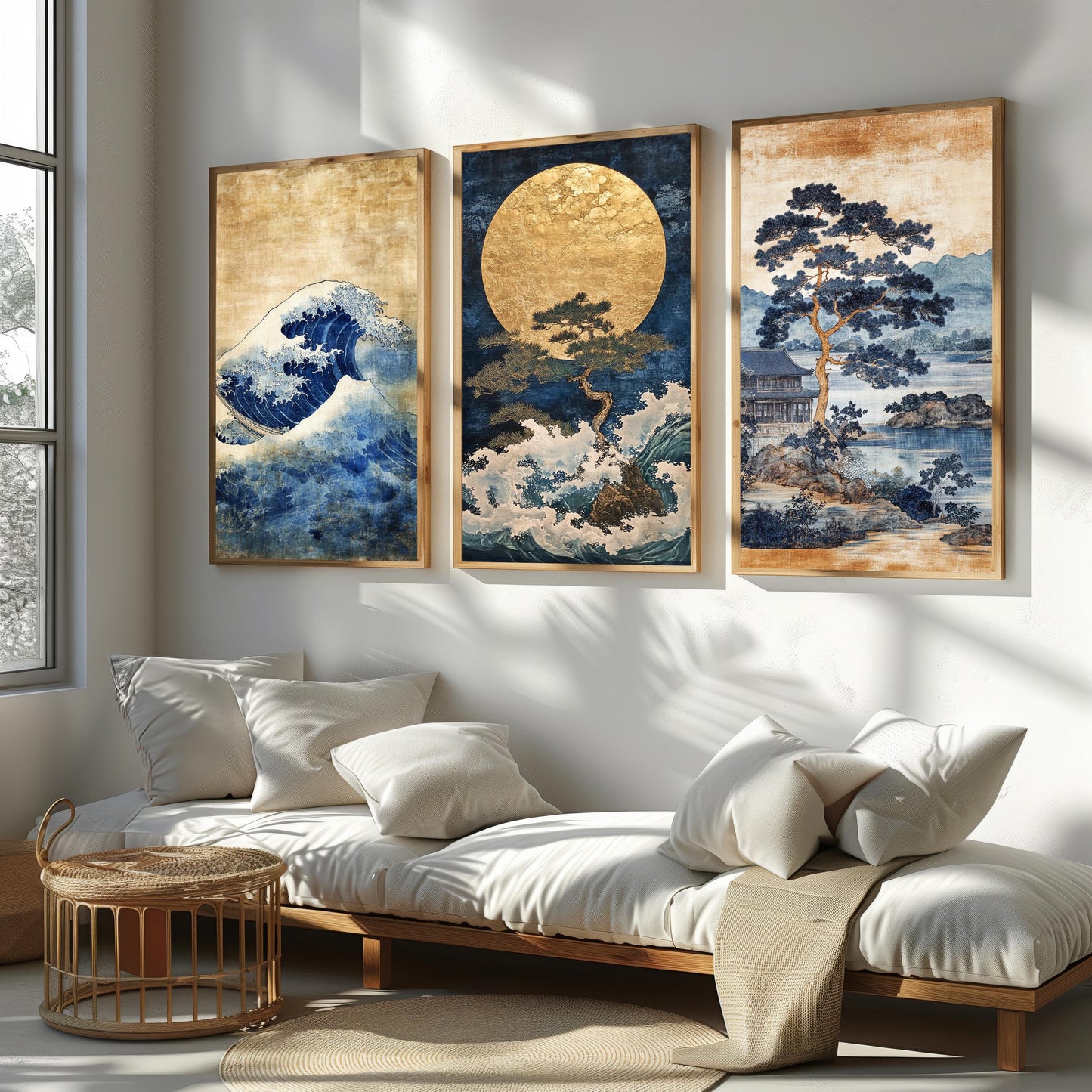 Japanese Wave Art Set: Blue Gold Landscape Paintings, Pine Tree Prints