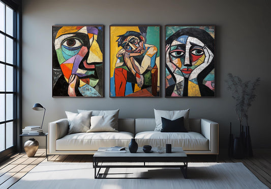 Cubist Portrait Art Set: Geometric Face Paintings, Modern Home Decor