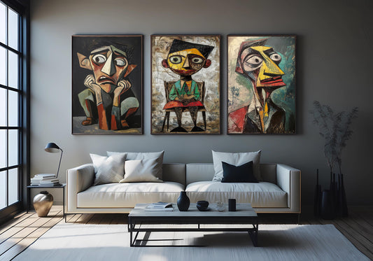 Cubist Face Art Prints: Geometric Portrait Set, Modern Home Decor