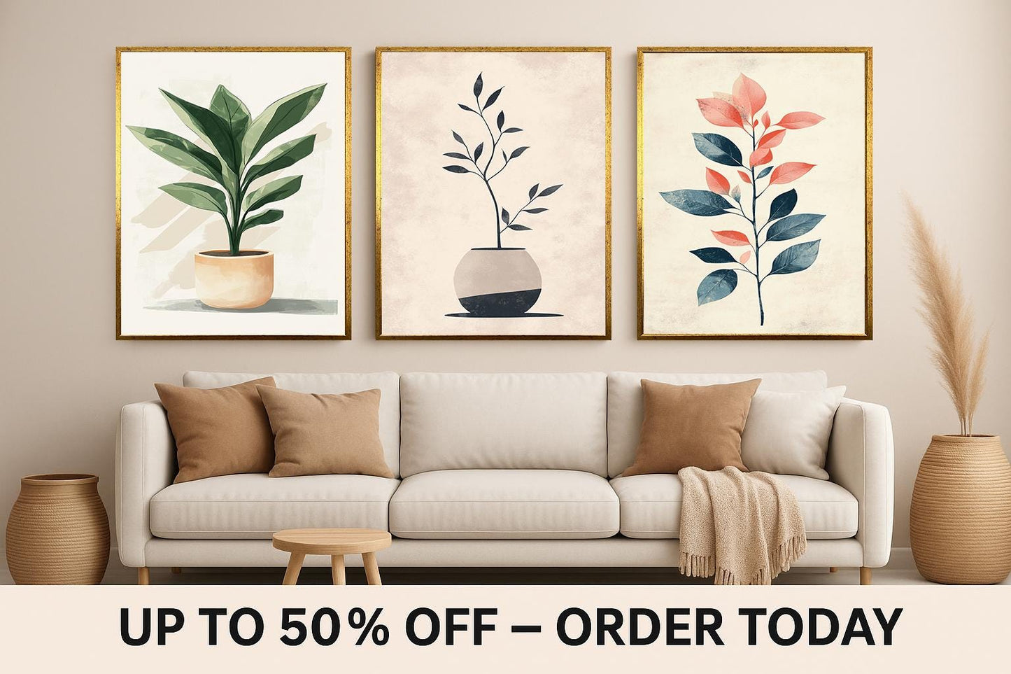 Botanical Wall Art Set of 3: Minimalist Plant Prints, Scandinavian Decor