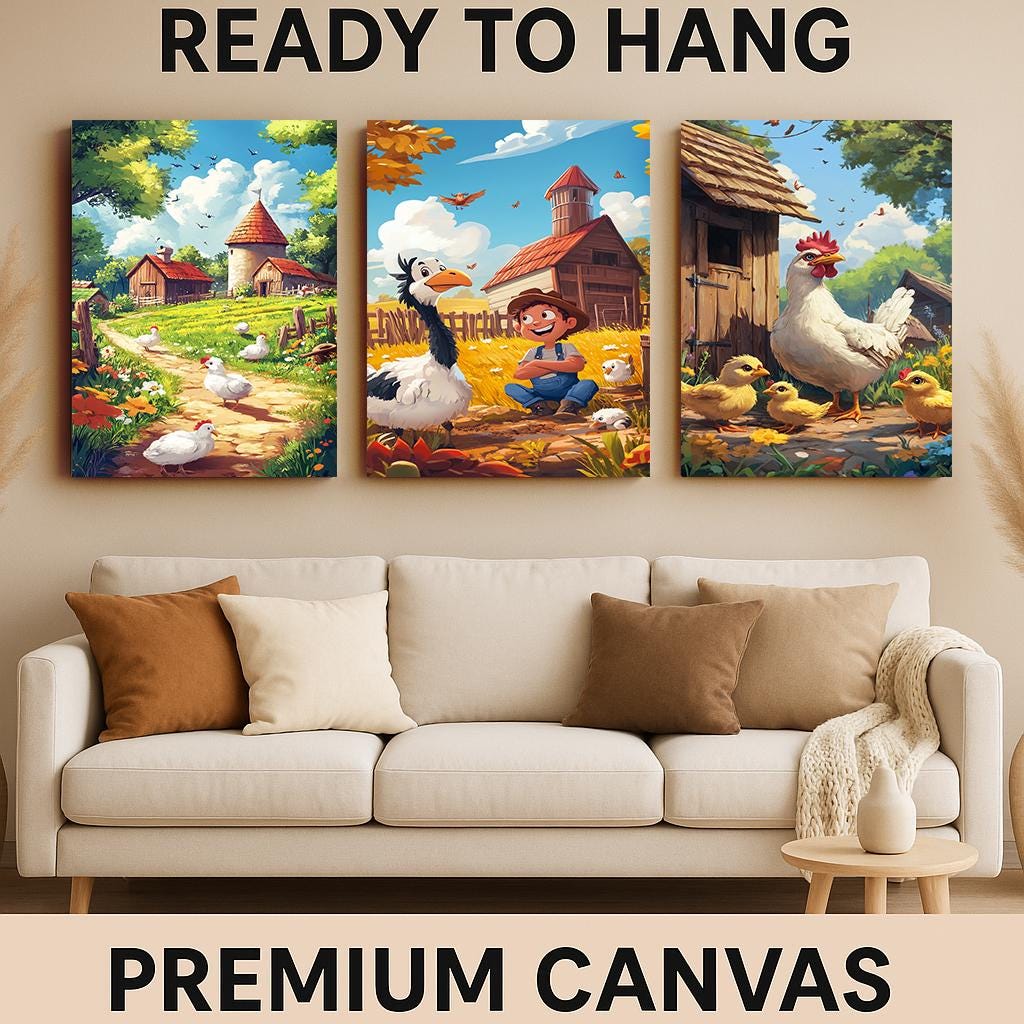 Farm Life Art Print Set: Whimsical Barnyard Animals, Rustic Kids Room Decor