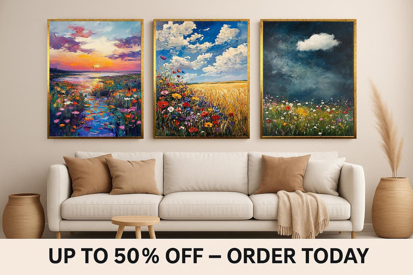 Wildflower Meadow Landscape Art Set: Impressionist Oil Painting Prints