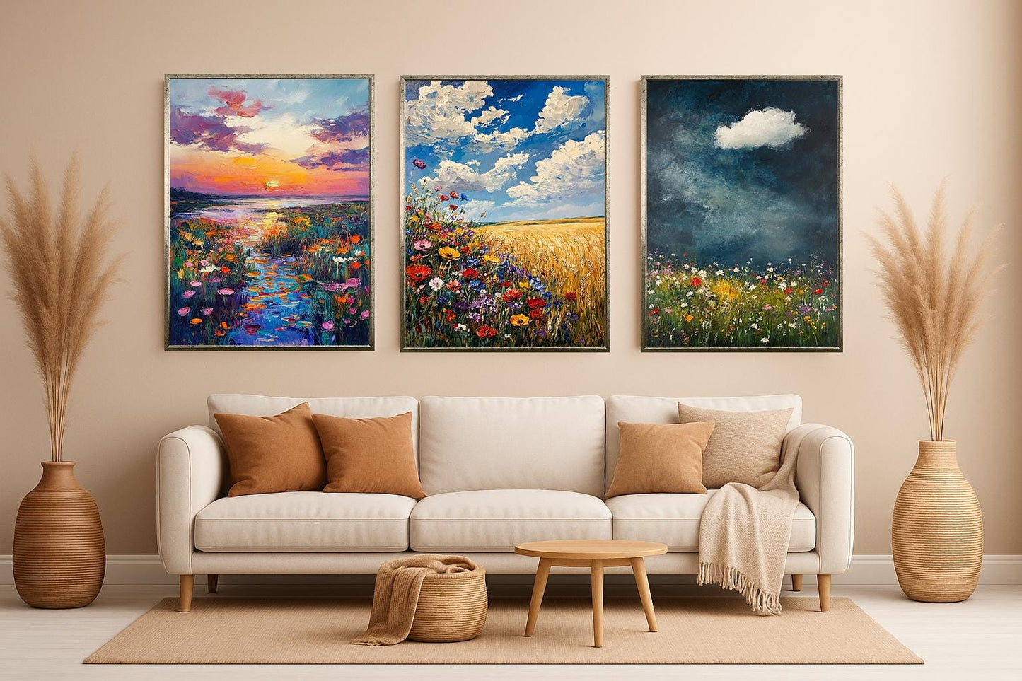 Wildflower Meadow Landscape Art Set: Impressionist Oil Painting Prints