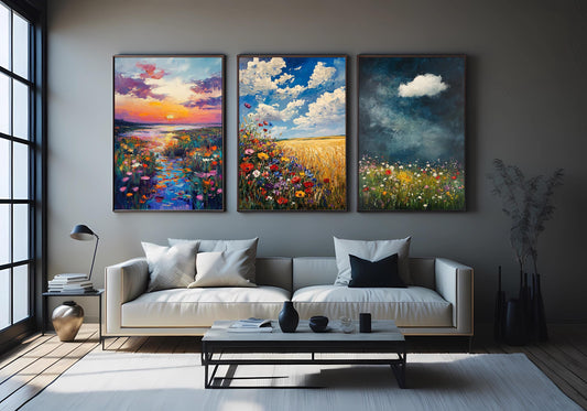 Wildflower Meadow Landscape Art Set: Impressionist Oil Painting Prints