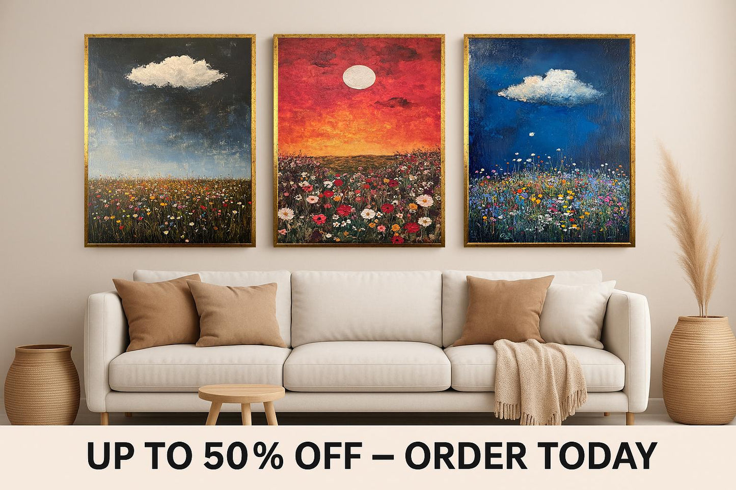Wildflower Field Canvas Print Set: Impressionist Landscape Wall Art