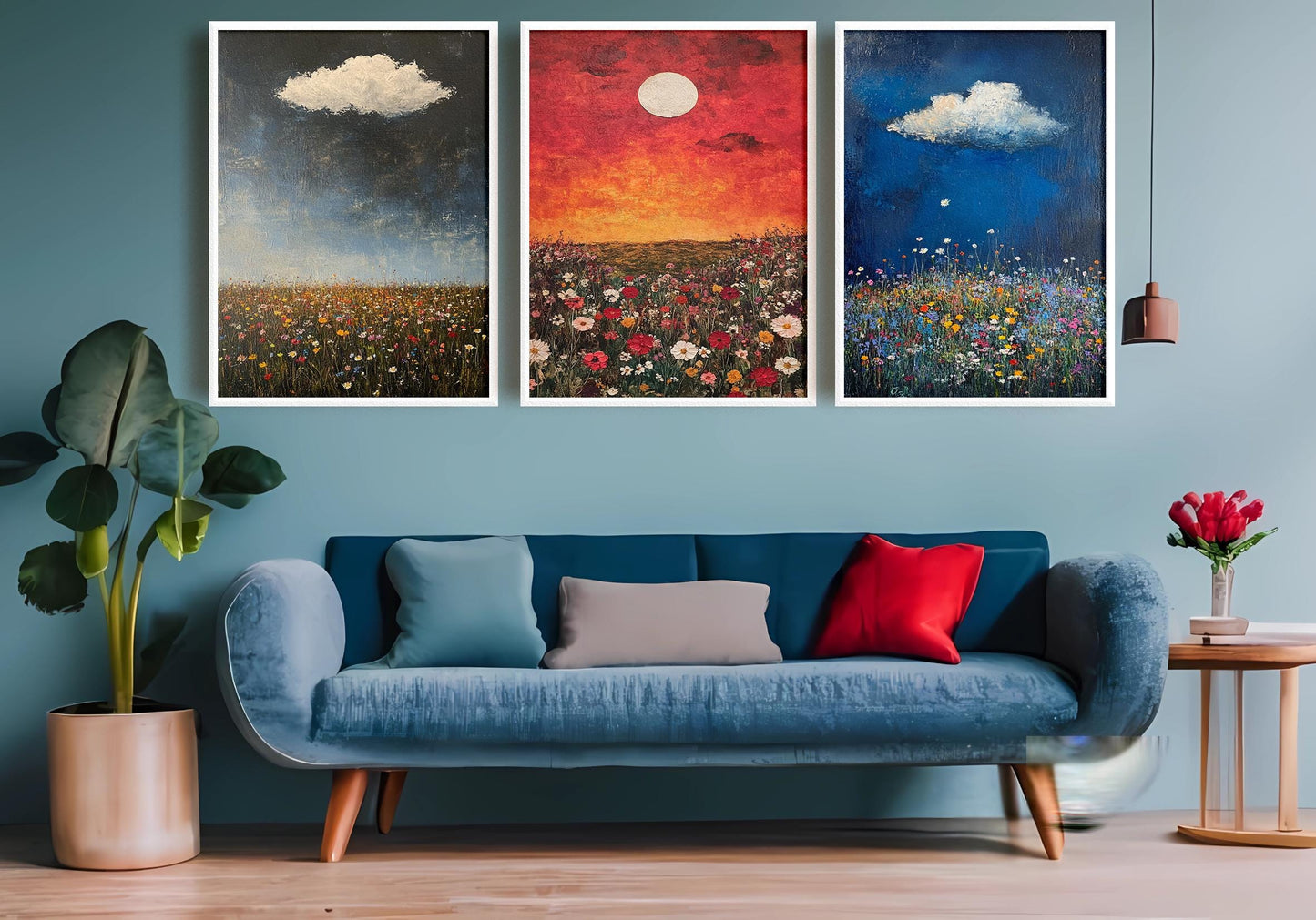 Wildflower Field Canvas Print Set: Impressionist Landscape Wall Art