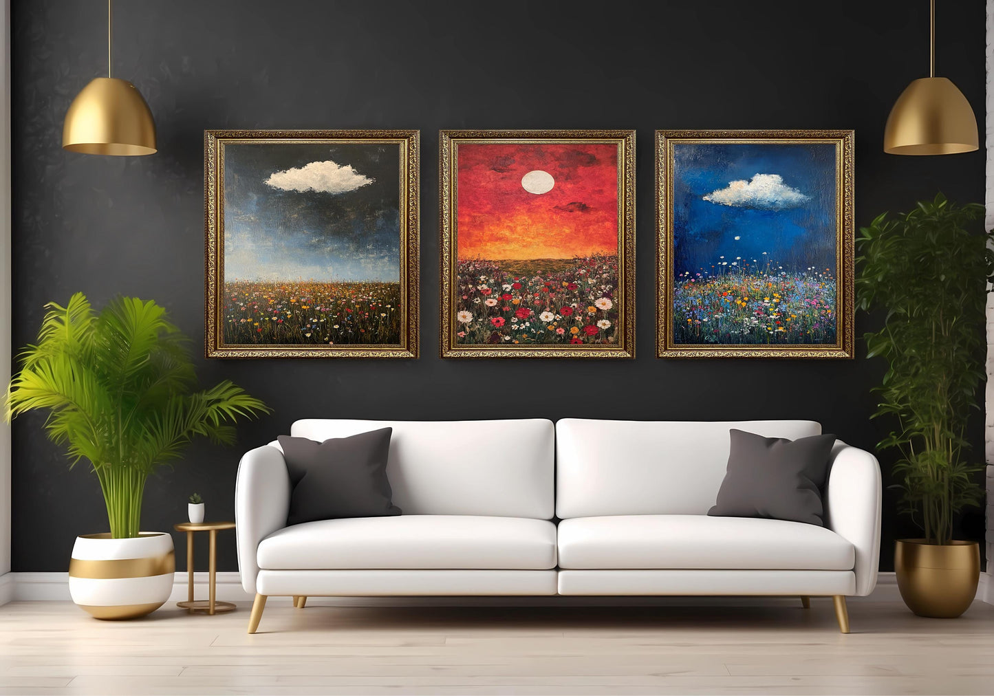 Wildflower Field Canvas Print Set: Impressionist Landscape Wall Art