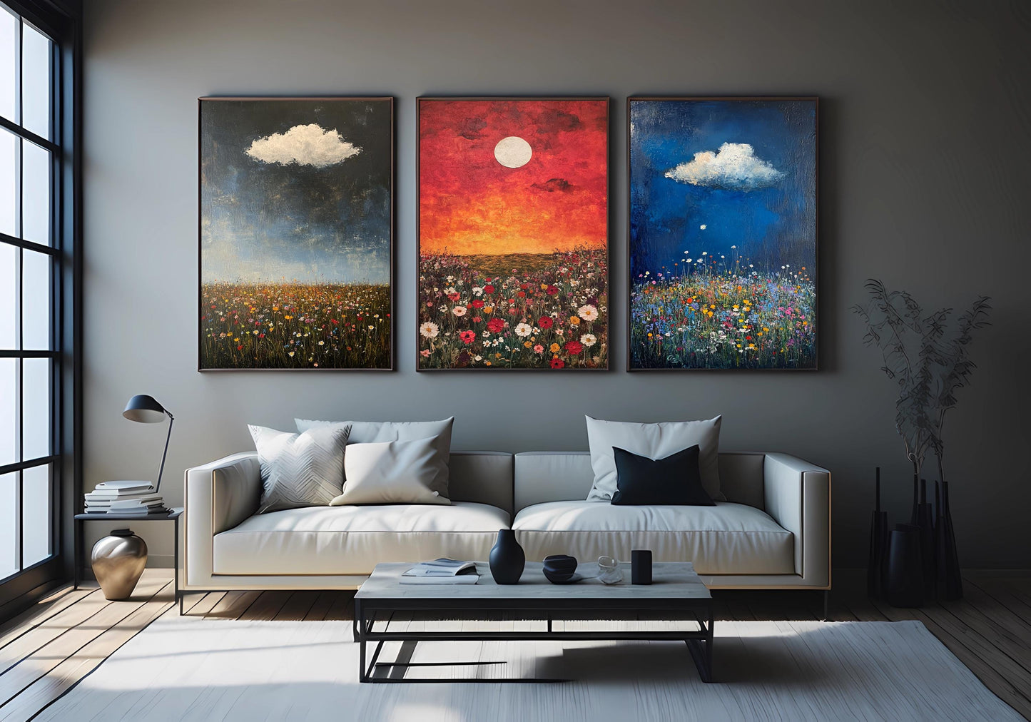 Wildflower Field Canvas Print Set: Impressionist Landscape Wall Art