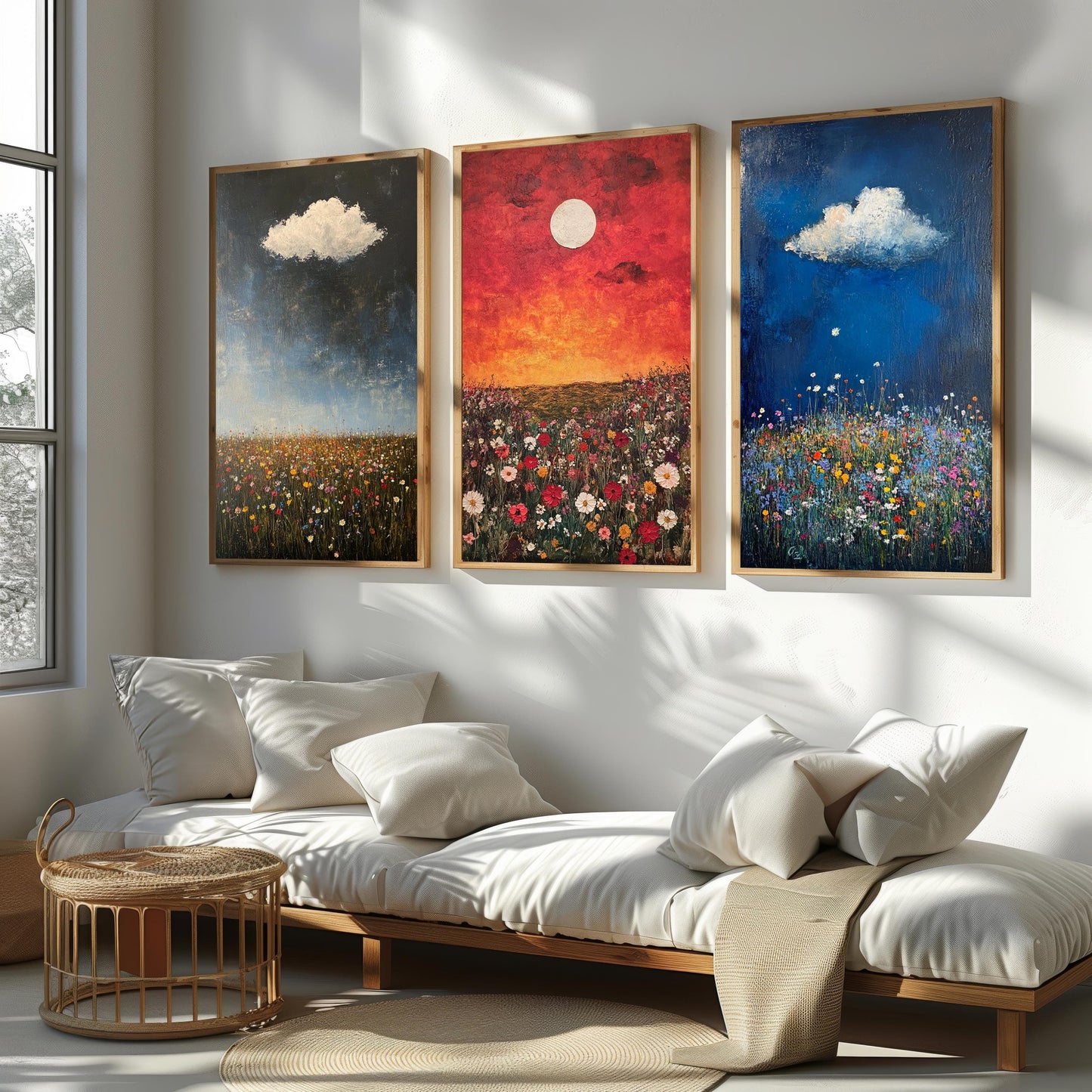 Wildflower Field Canvas Print Set: Impressionist Landscape Wall Art