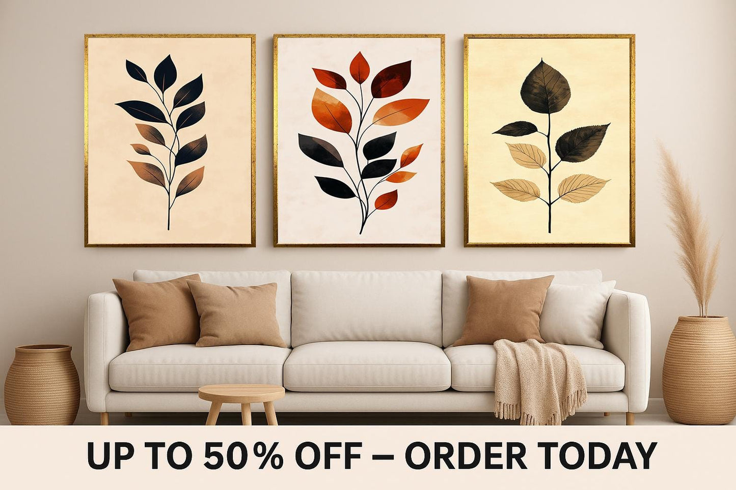 Minimalist Leaf Art Prints - Warm Earth Tone Botanical Wall Decor