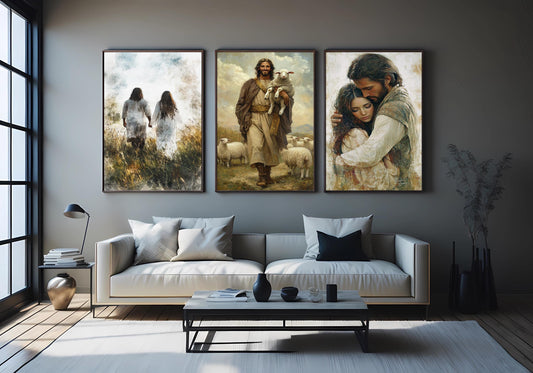 Jesus Canvas Print Set: Good Shepherd, Loving Embrace, Faith Walk