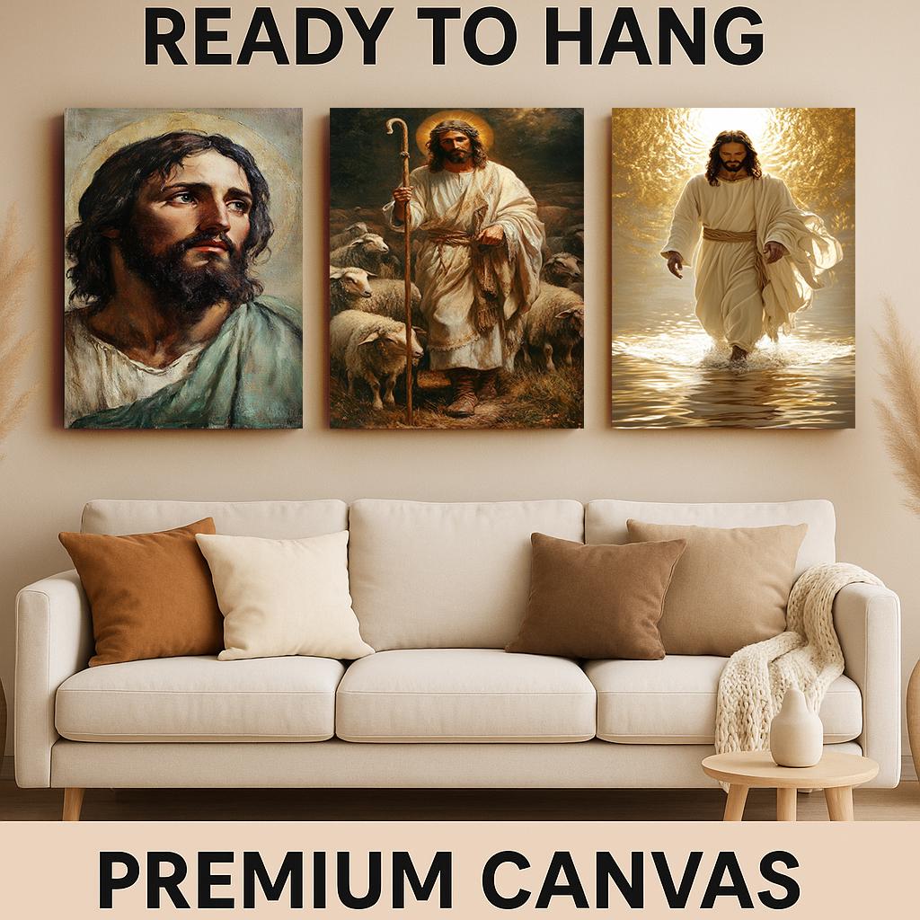 Jesus Christ Canvas Print Set: Good Shepherd, Walking on Water, Sacred Portrait