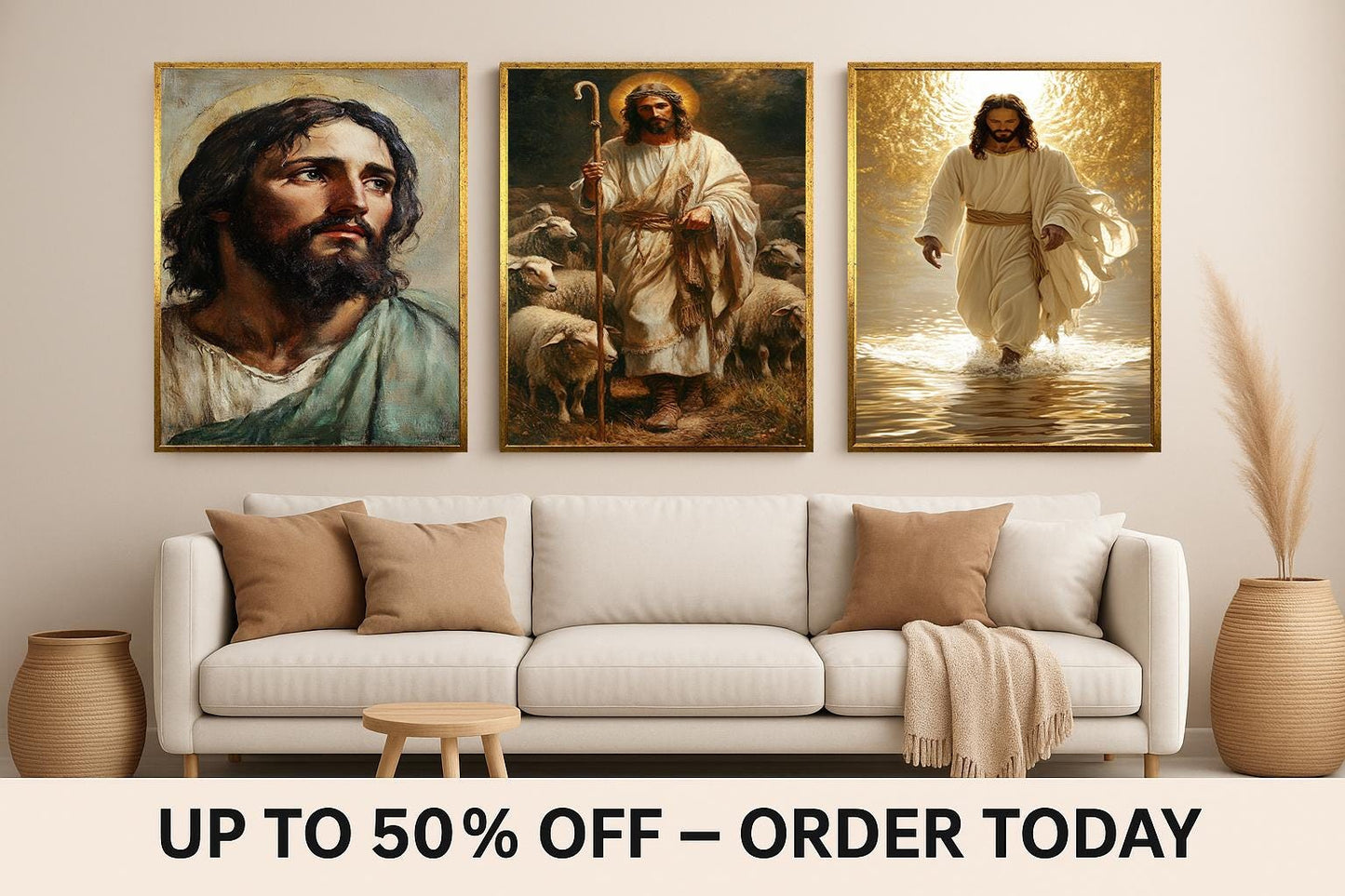Jesus Christ Canvas Print Set: Good Shepherd, Walking on Water, Sacred Portrait
