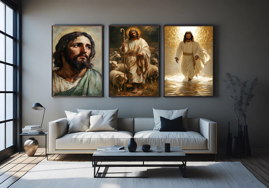 Jesus Christ Canvas Print Set: Good Shepherd, Walking on Water, Sacred Portrait