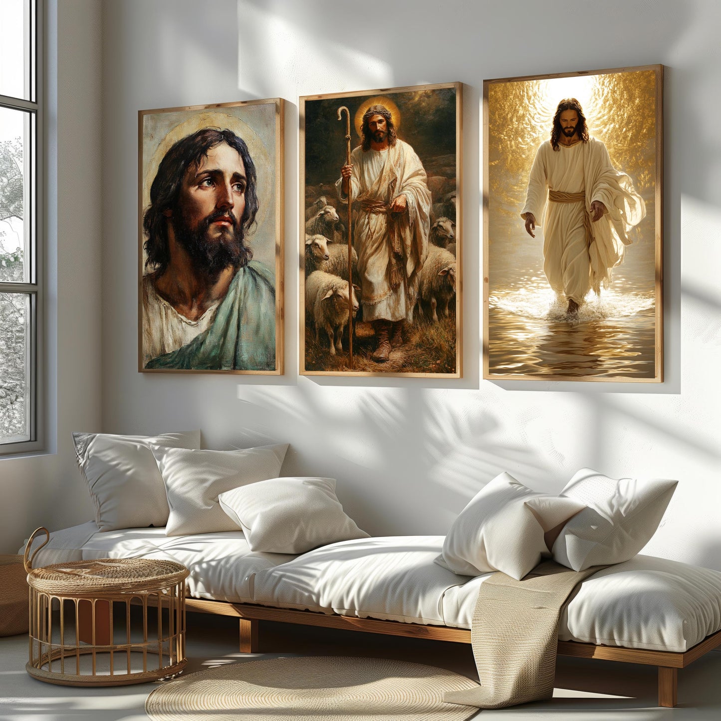 Jesus Christ Canvas Print Set: Good Shepherd, Walking on Water, Sacred Portrait