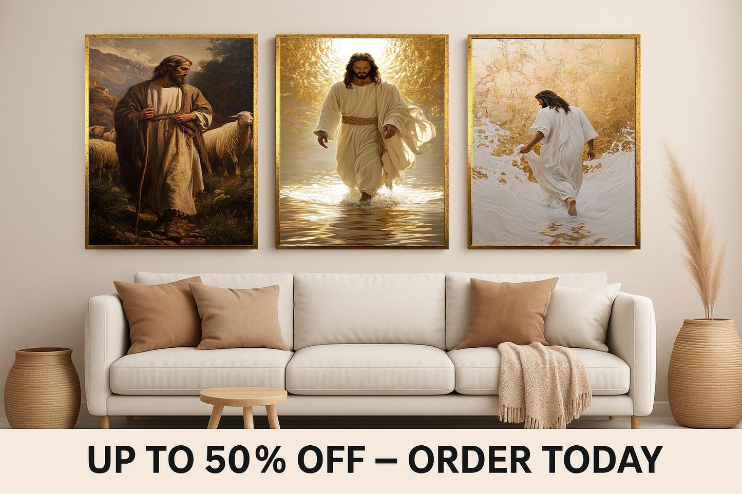Jesus Christ Canvas Print Set: Christian Art, Shepherd & Golden Light