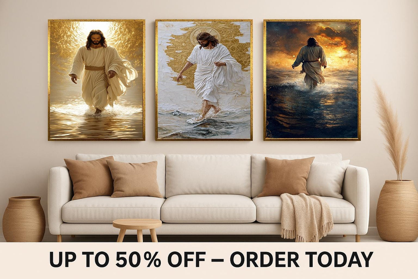 Jesus Christ Walking on Water Canvas Print - Golden Halo Sunset Ocean Scene